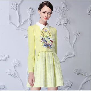 Sentubila Long-Sleeve Floral Print Pleated A-Line Dress