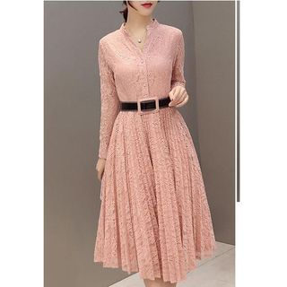 Sienne Long-Sleeve Pleated Lace Dress