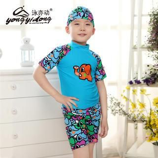 Little Dolphin Set: Animal Print Kids Rashguard + Swim Shorts + Swim Cap