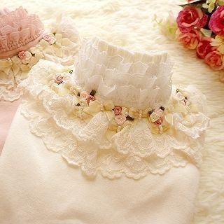 Cobblestone Mock-Neck Lace-Panel Beaded Rosette Sweater