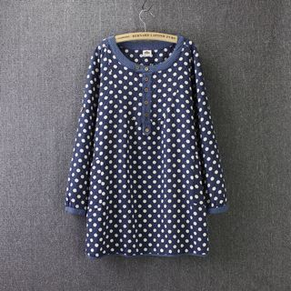 Blue Rose Long-Sleeve Dotted Linen Blouse