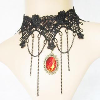 Fit-to-Kill Gothic Lace Tassel Crystal Necklace  Black - One Size