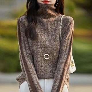 Turtleneck Striped Ribbed Knit Sweater