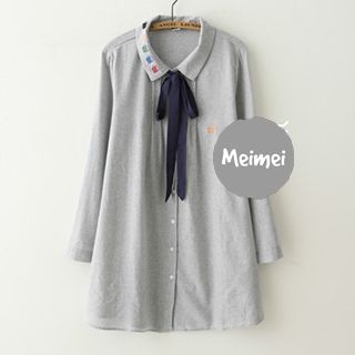 Meimei Cup Embroidered Tie-Neck Shirtdress
