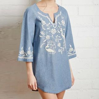 Chicsense 3/4-Sleeve Embroidered Denim Dress