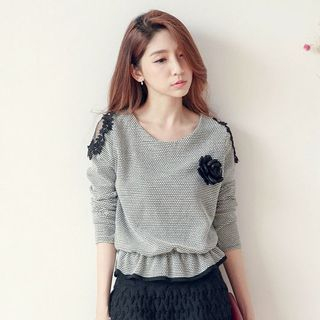 Tokyo Fashion Long-Sleeve Lace Panel Frilled Blouse