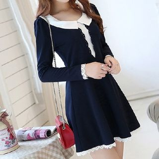 Aikoo Long-Sleeve Collared Lace-Trim Dress