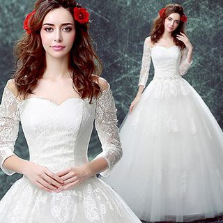 Angel Bridal Off-Shoulder Rhinestone Ball Gown Wedding Dress