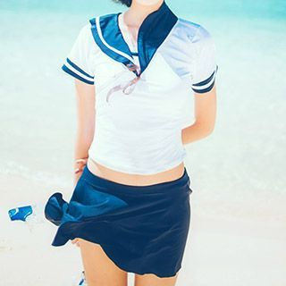 Moonrise Swimwear Set: Sailor Collar Swim Top + Swimskirt