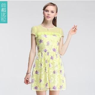 Sentubila Lace Panel Print A-line Dress