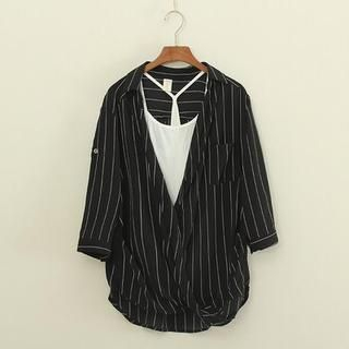 Mushi Set: Tab-Sleeve Striped Shirt + Camisole Top