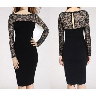 Forest Of Darama Long-Sleeve Lace Panel Sheath Dress