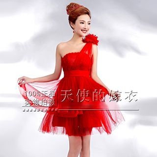 Angel Bridal One-Shoulder Flower-Accent Party Dress