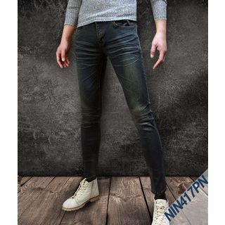 WIZIKOREA Washed Slim-Fit Jeans