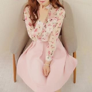 Ekim Set: Long Sleeved Floral Print Chiffon Blouse + Skirt