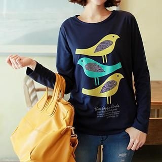 CLICK Bird Print Embellished Long-Sleeve T-Shirt