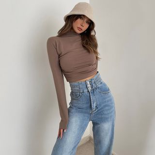 Mock-Neck Ruched Crop T-Shirt in 5 Colors