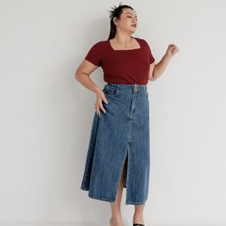 [L-3XL] High Rise Slit Front A-Line Midi Denim Skirt