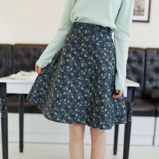 AC High-Waist Rose-Pattern Wool A-Line Skirt