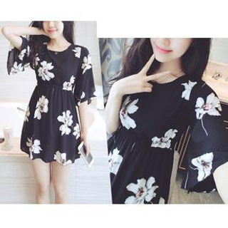 Dowisi Short-Sleeve Floral Print A-Line Dress