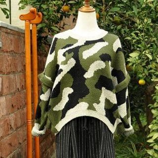 Mellow Fellow Camouflage Batwing-Sleeve Sweater