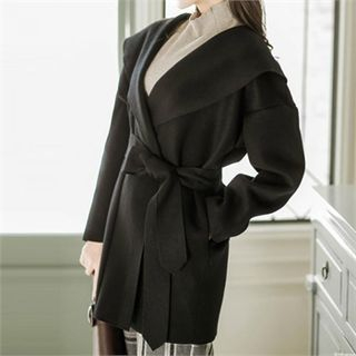 Attrangs Wide-Collar Wool Blend Coat with Sash