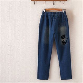 P.E.I. Girl Cat Embroidered Straight-Cut Jeans