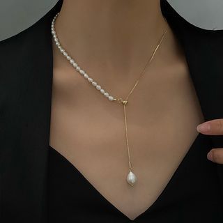 Freshwater Pearl Pendant Y Necklace 1 Pair - Gold & White - One Size