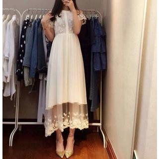 QZ Lady Short-Sleeve Lace Chiffon Maxi Dress