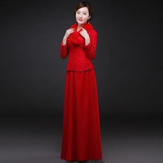 Royal Style Furry Long-Sleeve Wedding Cheongsam