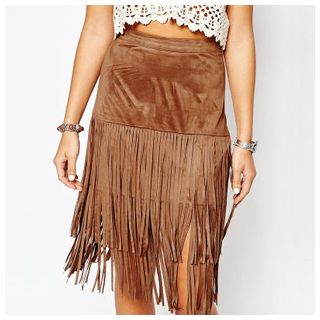 Richcoco Fringed Layered Faux Suede Skirt