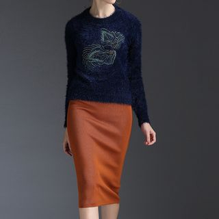 Kotiro Set: Embroidered Furry Sweater + Pencil Skirt