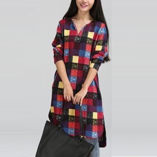 Splashmix Long-Sleeve Printed Check Midi Dress