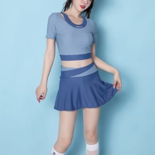 Set: Short-Sleeve Round Neck Mock Two Piece Swim Top + Swim Skirt