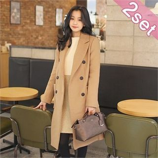 Styleberry Set: Double-Breasted Wool Blend Coat + Two-Tone Knit Dress