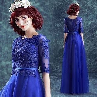 Angel Bridal Elbow-Sleeve Crochet-Panel Evening Gown