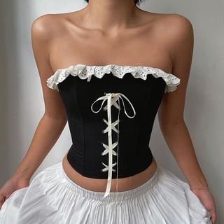 Lace-Trim Ruffled Lace-Up Corset Tube Top