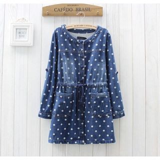 Blue Rose Long Sleeves Dotted Drawstring Dress