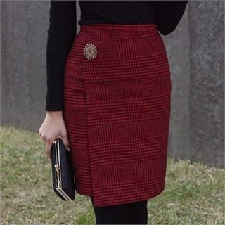 ode' Wool Blend Check Pencil Skirt with Brooch