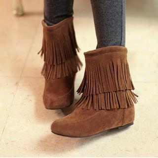 Charming Kicks Faux Suede Fringed Hidden Wedge Boots