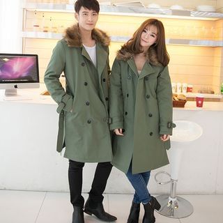 Evolu Matching Couple Faux Fur Collar Double-Breasted Coat