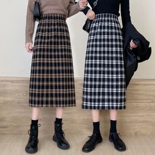 Plaid Midi A-line Skirt