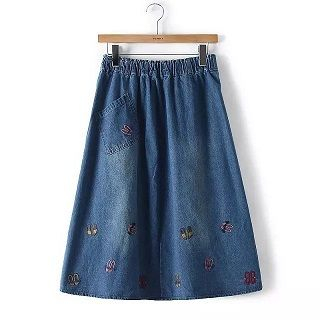 TOJI Embroidered Denim Long Skirt