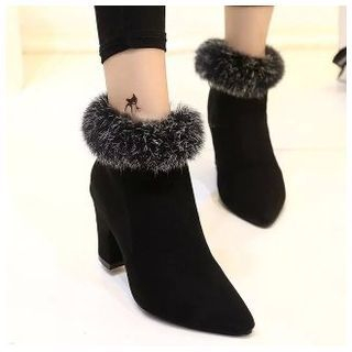 Lela Shoes Pointy Block Heel Furry Ankle Boots