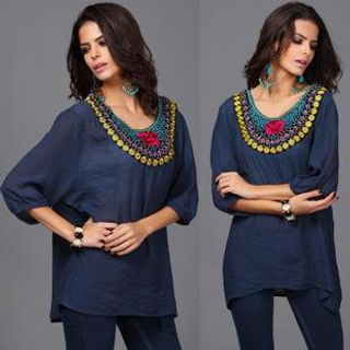 Hotprint Elbow-Sleeve Embroidered Beaded Top