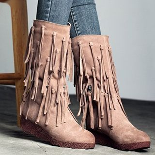 MIAOLV Genuine Suede Tassel Wedge Tall Boots