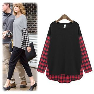 Cherry Dress Plaid Panel Long-Sleeve Top