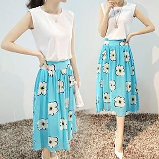 Cherry Dress Set: Sleeveless Top + Print Midi Skirt