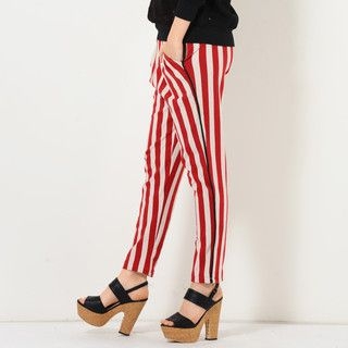 YesStyle Z Faux-Leathe-Trim Striped Baggy Pants Red - One Size