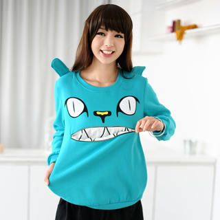 Cat Print Center Zip Pullover Turquoise - One Size